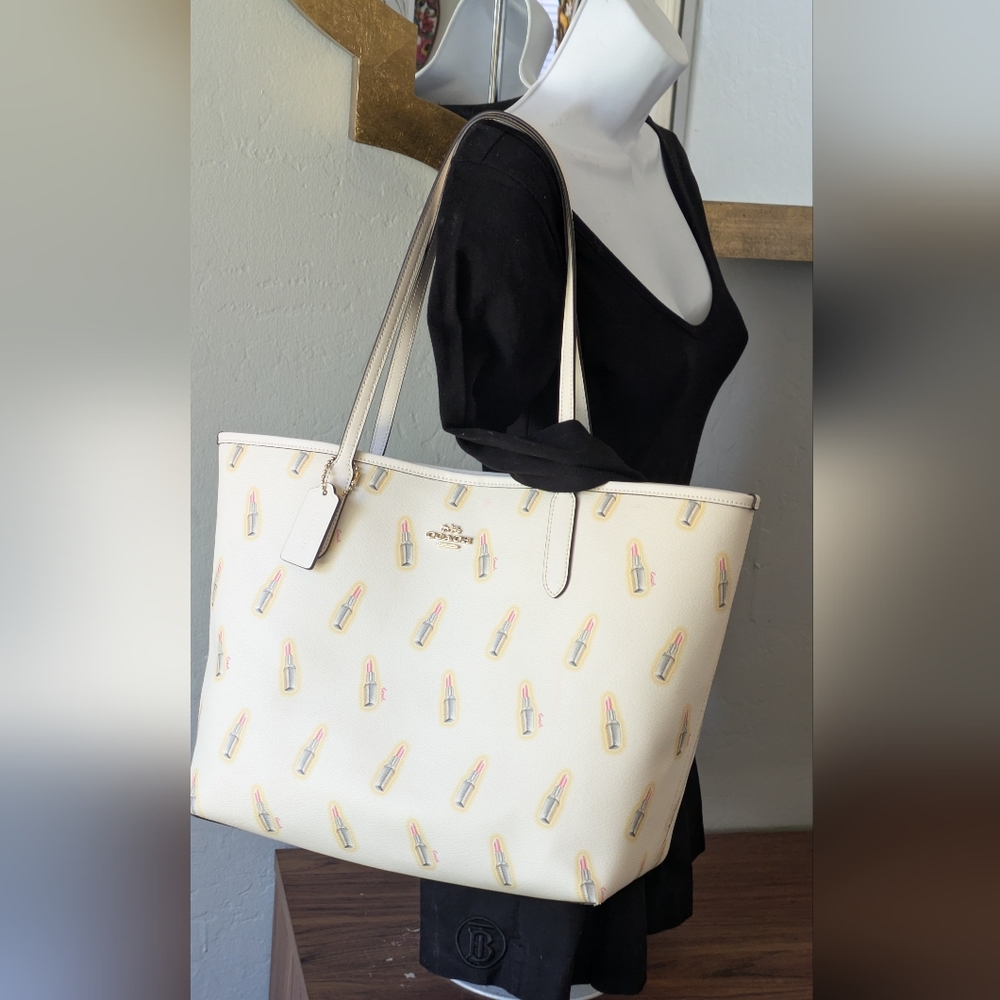 Coach Cream Lipstick Printed Tote Handbag.